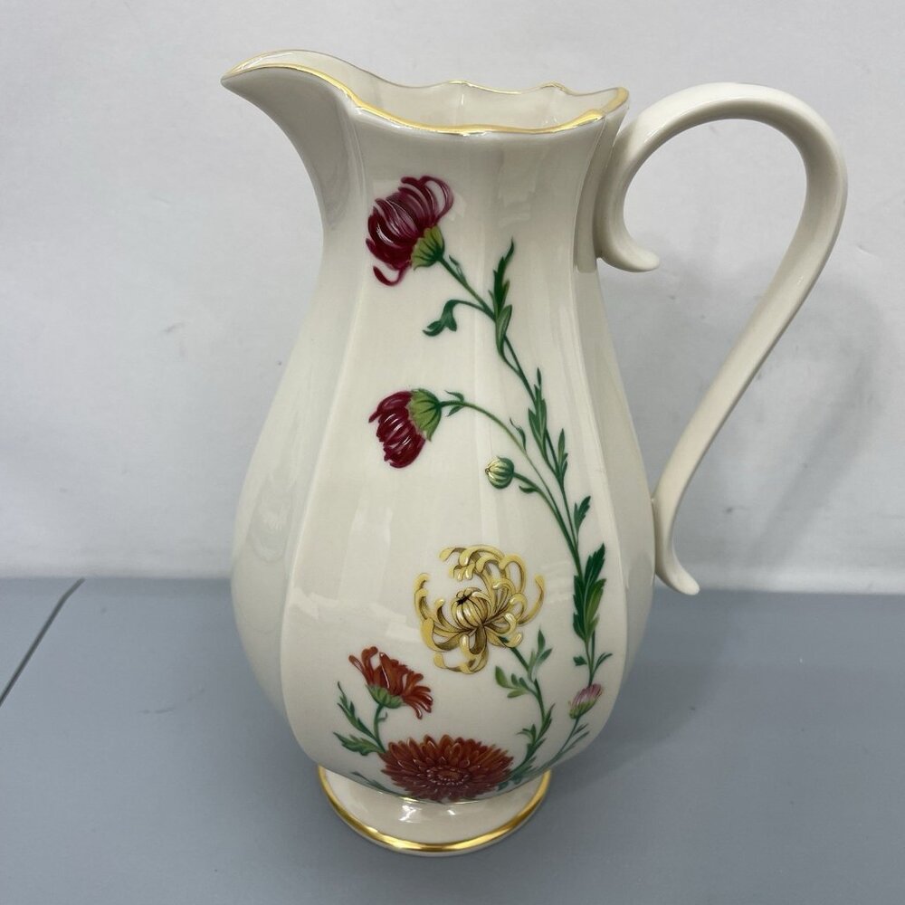 Vintage Lenox Chrysanthemum Pitcher 1989 Fine Ivory China Gold Accents Floral 8”
